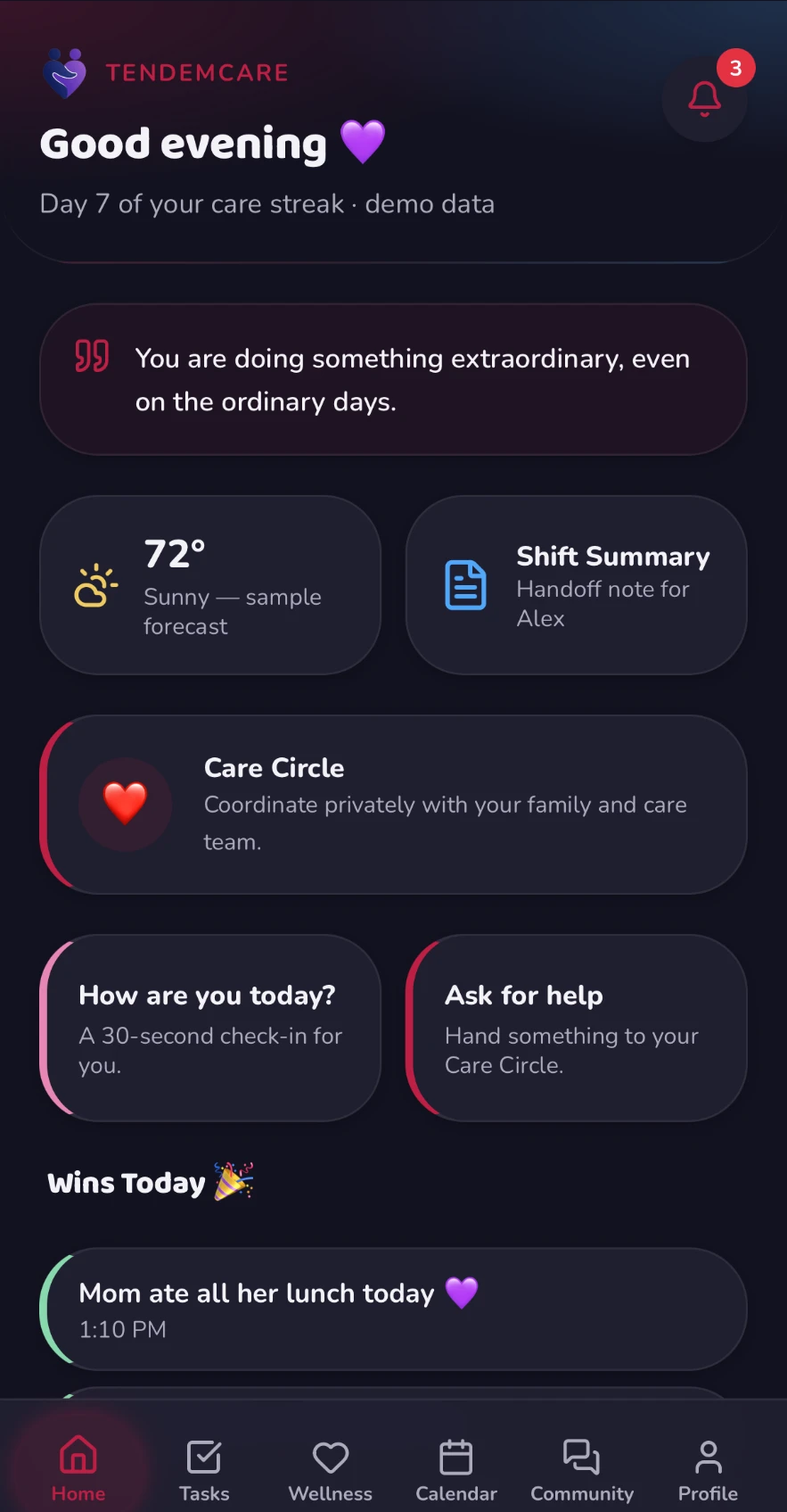 TendemCare beta Home screen in dark mode showing the care streak, a daily encouragement, weather and shift summary cards, Care Circle, a wellness check-in, and Wins Today