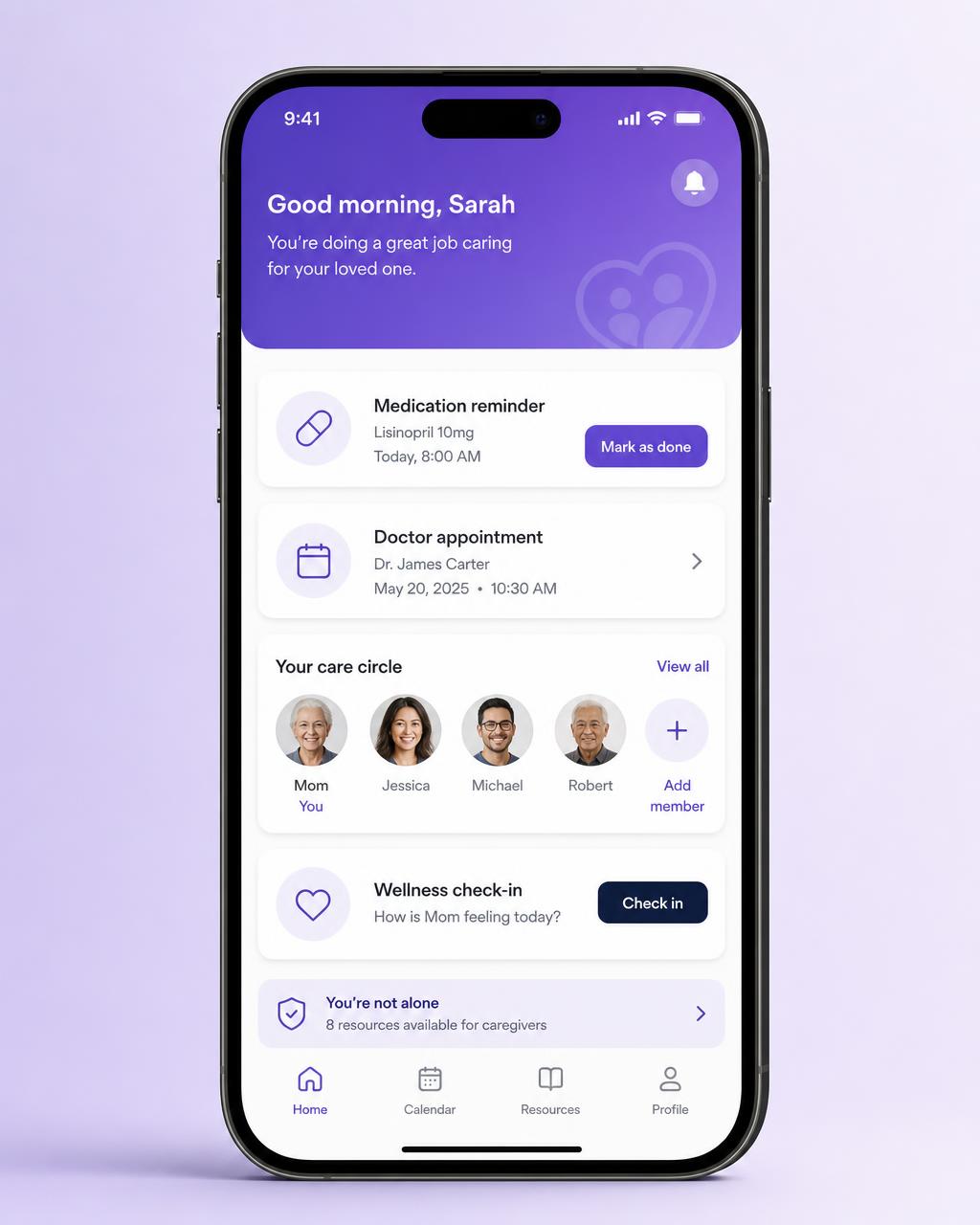 TendemCare app on a phone showing medication reminders, an upcoming appointment, the care circle, and a wellness check-in